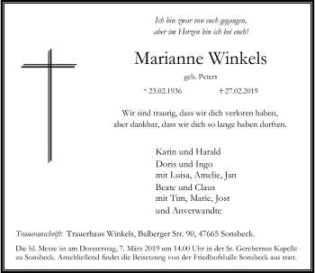 Traueranzeige von Marianne Winkels von Rheinische Post