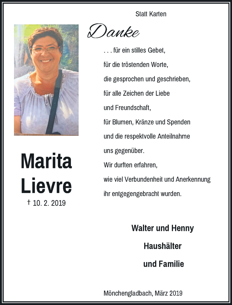  Traueranzeige für Marita Lièvre vom 09.03.2019 aus Rheinische Post