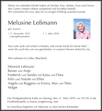 Traueranzeige von Melusine Leßmann von Rheinische Post