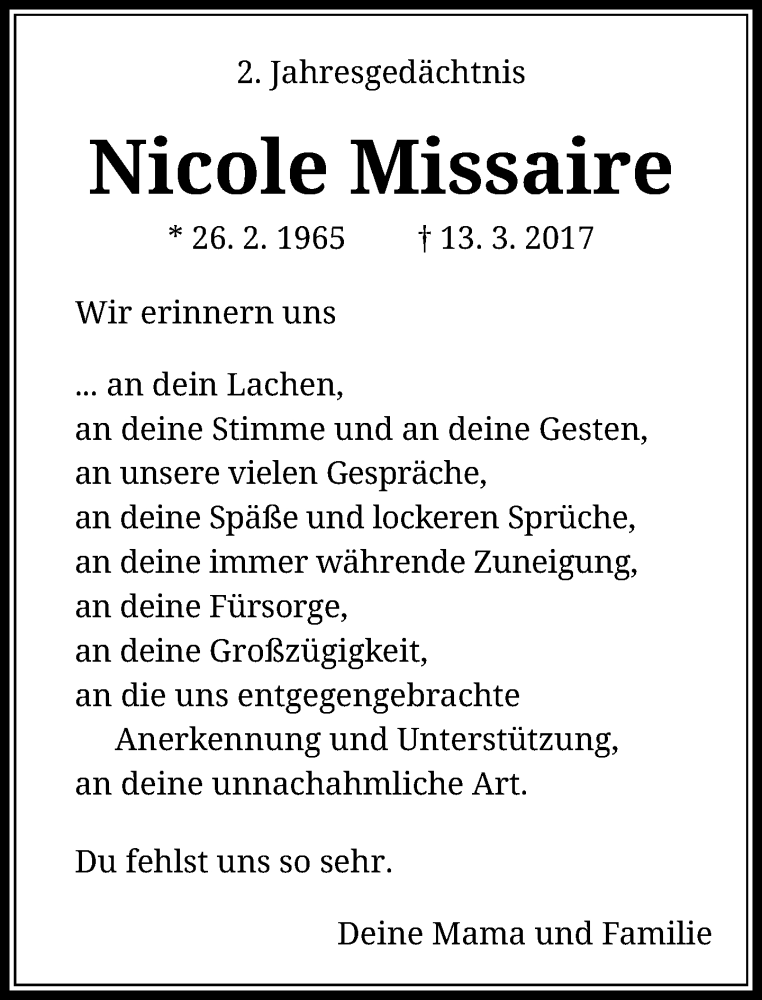  Traueranzeige für Nicole Missaire vom 13.03.2019 aus Rheinische Post