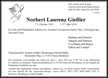 Traueranzeige von Norbert Laurenz Gießler von Rheinische Post