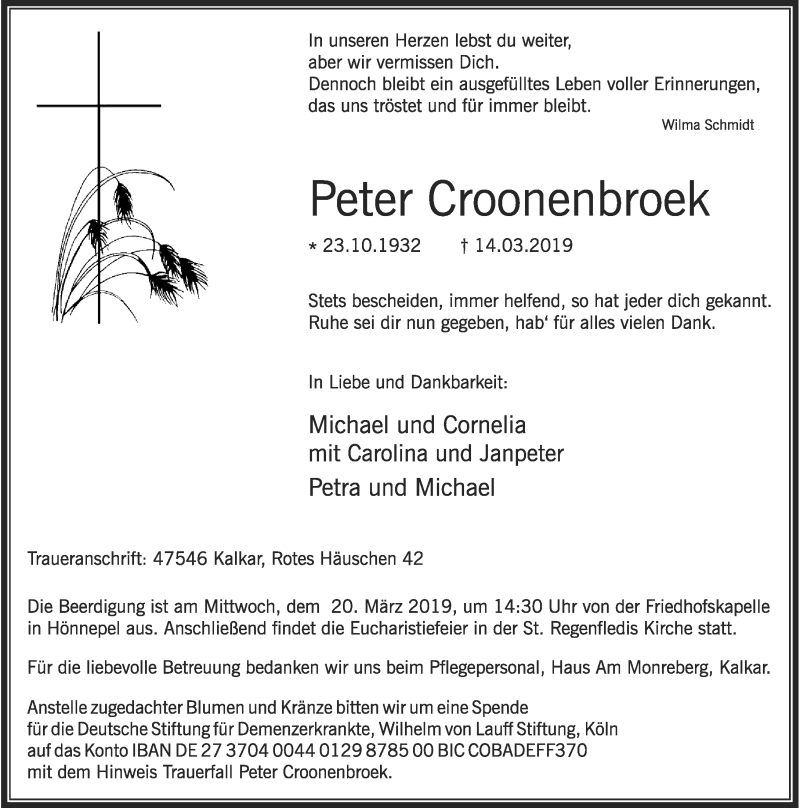  Traueranzeige für Peter Croonenbroek vom 16.03.2019 aus Rheinische Post