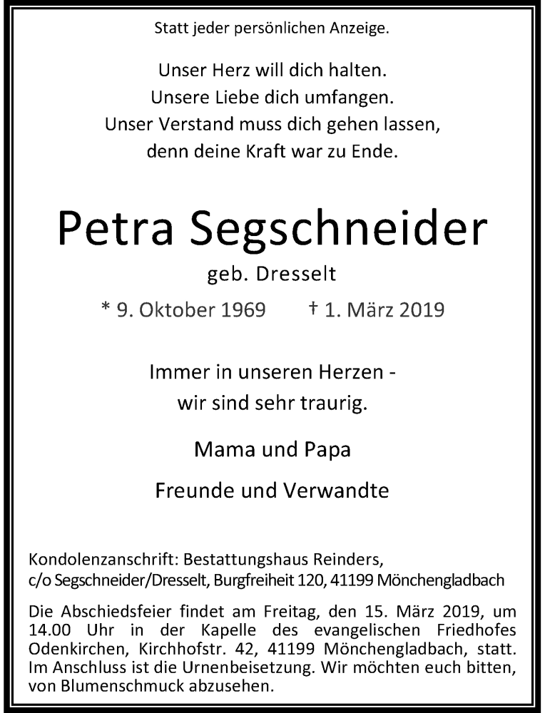  Traueranzeige für Petra Segschneider vom 09.03.2019 aus Rheinische Post