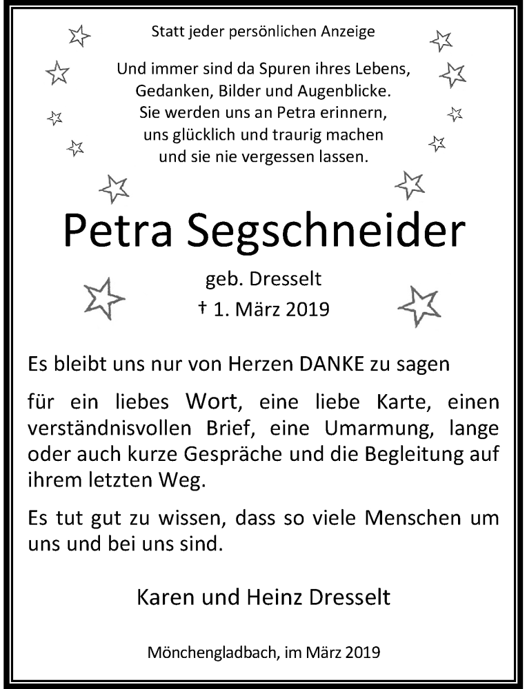  Traueranzeige für Petra Segschneider vom 30.03.2019 aus Rheinische Post