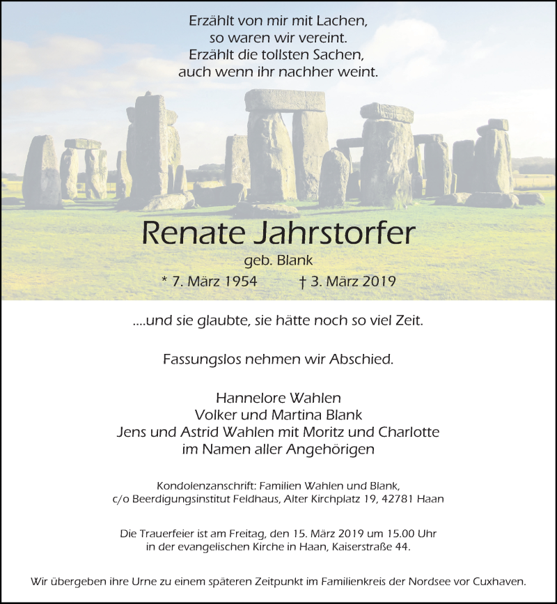  Traueranzeige für Renate Jahrstorfer vom 09.03.2019 aus Rheinische Post