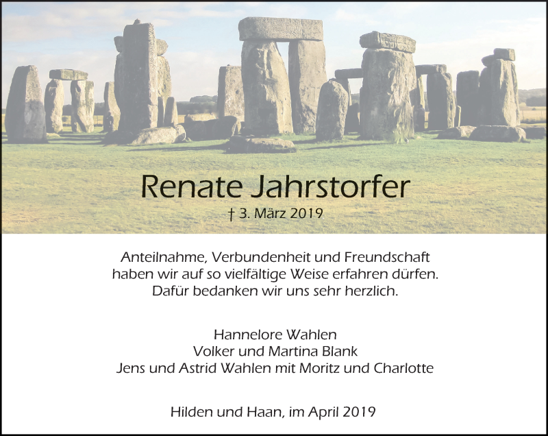  Traueranzeige für Renate Jahrstorfer vom 06.04.2019 aus Rheinische Post
