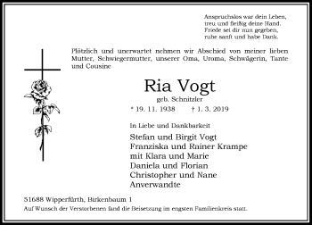 Traueranzeige von Ria Vogt von Rheinische Post