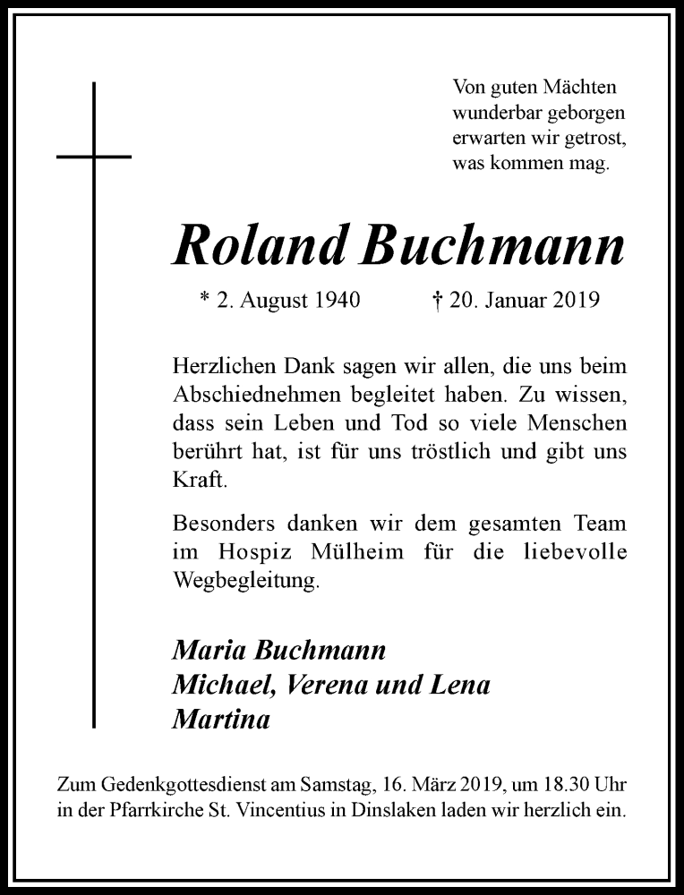  Traueranzeige für Roland Buchmann vom 09.03.2019 aus Rheinische Post