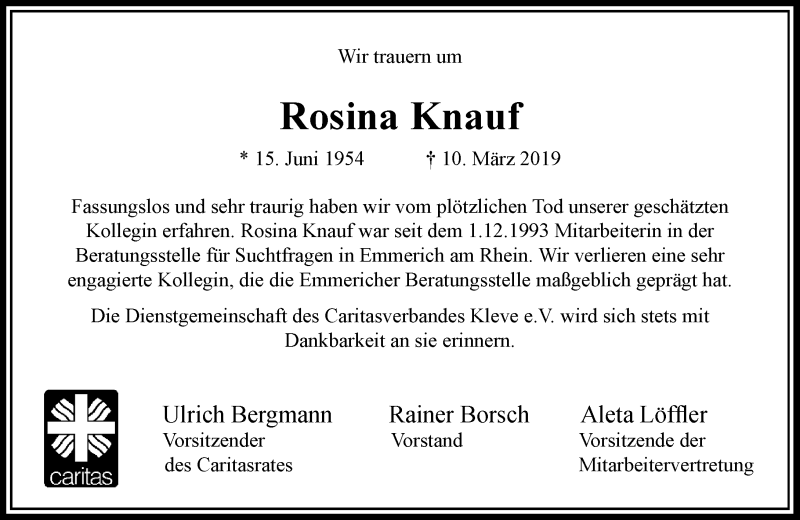  Traueranzeige für Rosina Knauf vom 16.03.2019 aus Rheinische Post