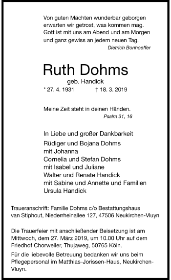 Traueranzeige von Ruth Dohms von Rheinische Post