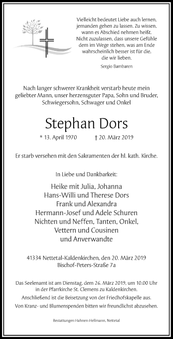 Traueranzeige von Stephan Dors von Rheinische Post
