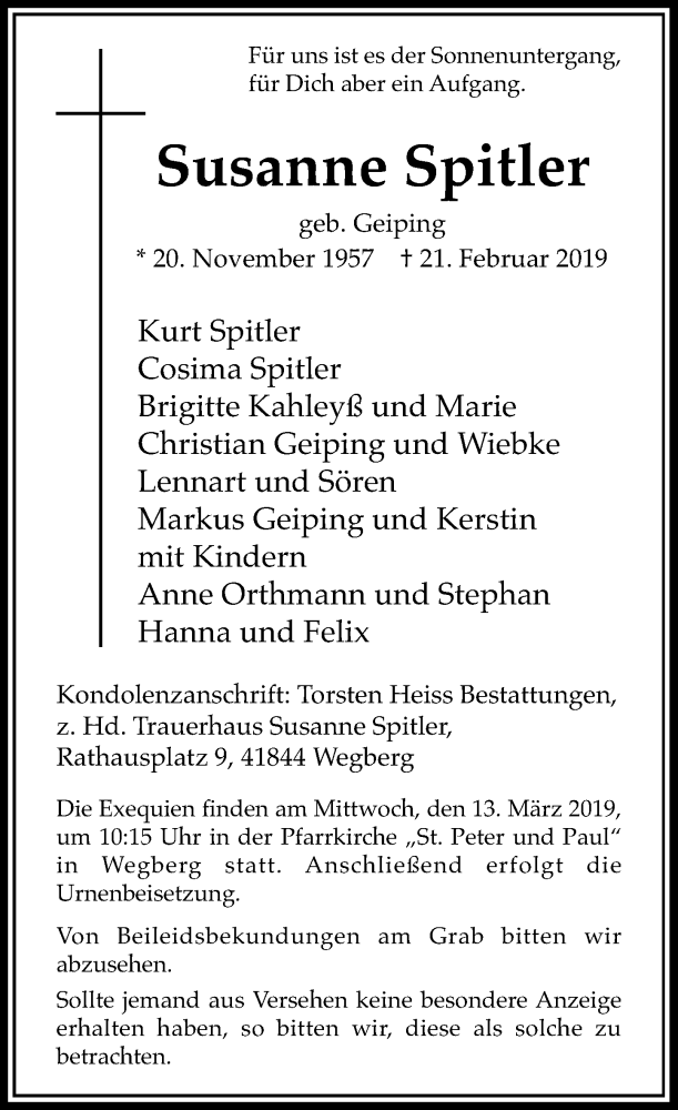  Traueranzeige für Susanne Spitler vom 09.03.2019 aus Rheinische Post