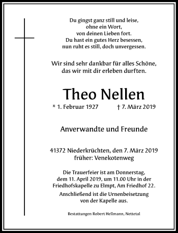 Traueranzeige von Theo Nellen von Rheinische Post