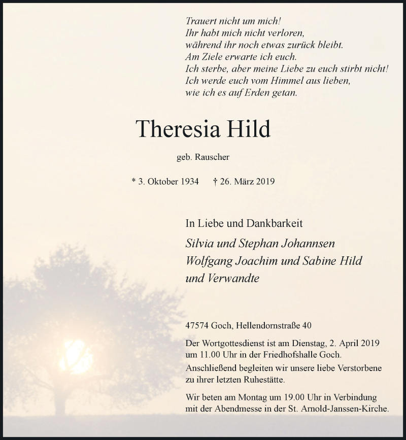  Traueranzeige für Theresia Hild vom 29.03.2019 aus Rheinische Post