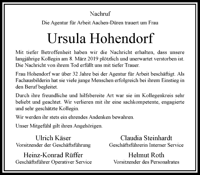  Traueranzeige für Ursula Hohendorf vom 16.03.2019 aus Rheinische Post