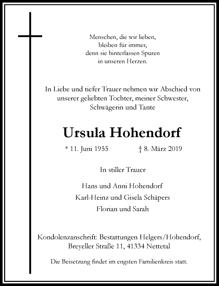  Traueranzeige für Ursula Hohendorf vom 12.03.2019 aus Rheinische Post