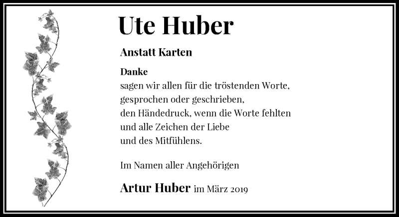  Traueranzeige für Ute Huber vom 09.03.2019 aus Rheinische Post