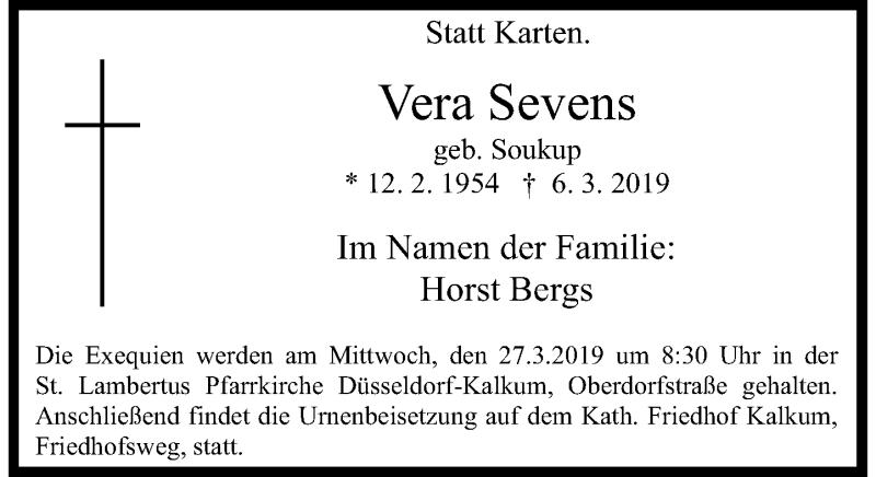  Traueranzeige für Vera Sevens vom 16.03.2019 aus Rheinische Post