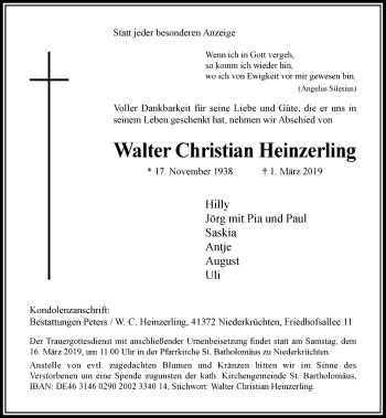 Traueranzeige von Walter Christian Heinzerling von Rheinische Post