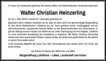 Traueranzeige von Walter Christian Heinzerling von Rheinische Post