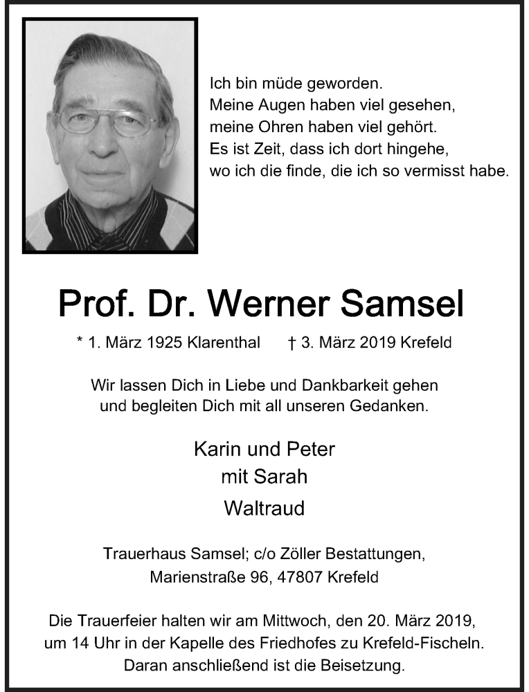  Traueranzeige für Werner Samsel vom 09.03.2019 aus Rheinische Post