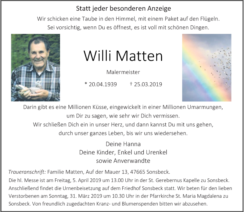  Traueranzeige für Willi Matten vom 27.03.2019 aus Rheinische Post