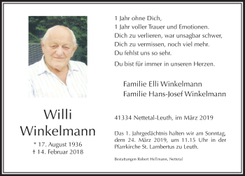 Traueranzeige von Willi Winkelmann von Rheinische Post
