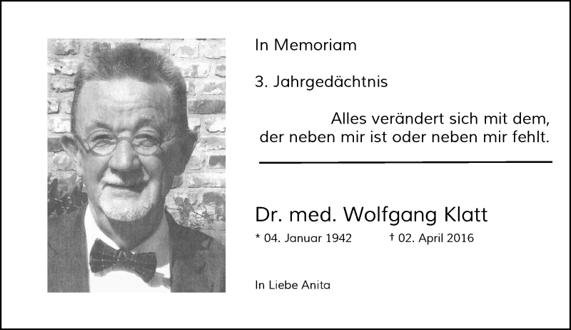  Traueranzeige für Wolfgang Klatt vom 02.04.2019 aus Rheinische Post