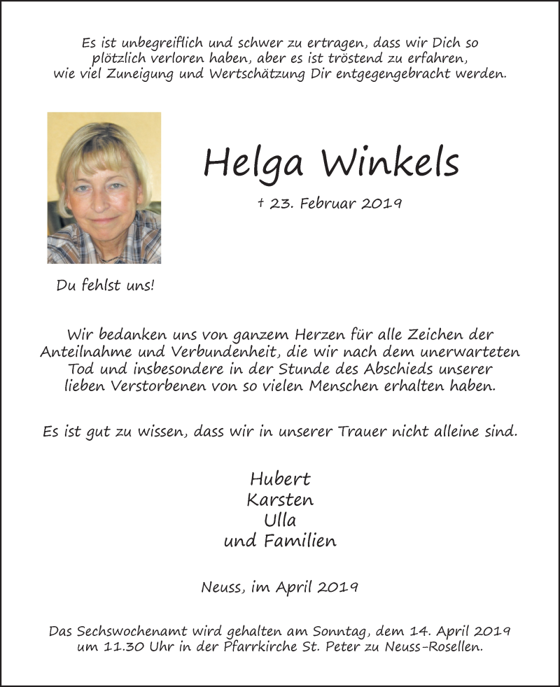  Traueranzeige für Helga Winkels vom 06.04.2019 aus Rheinische Post