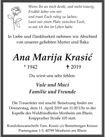 Traueranzeige von Ana Marija Krasic von Rheinische Post