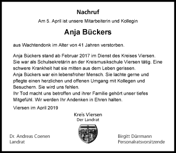 Traueranzeige von Anja Bückers von Rheinische Post