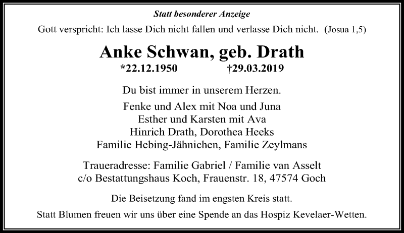  Traueranzeige für Anke Schwan vom 13.04.2019 aus Rheinische Post