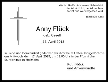 Traueranzeige von Anny Flück von Rheinische Post