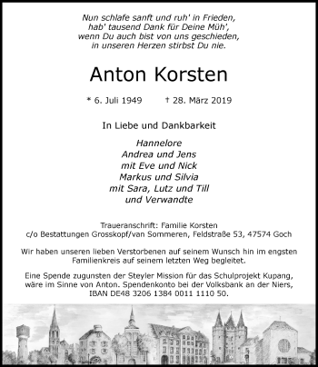 Traueranzeige von Anton Korsten von Rheinische Post