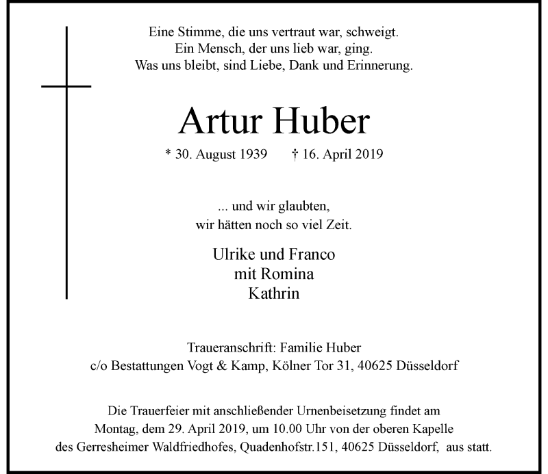  Traueranzeige für Artur Huber vom 20.04.2019 aus Rheinische Post