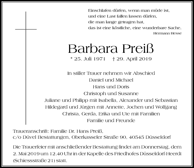  Traueranzeige für Barbara Preiß vom 30.04.2019 aus Rheinische Post