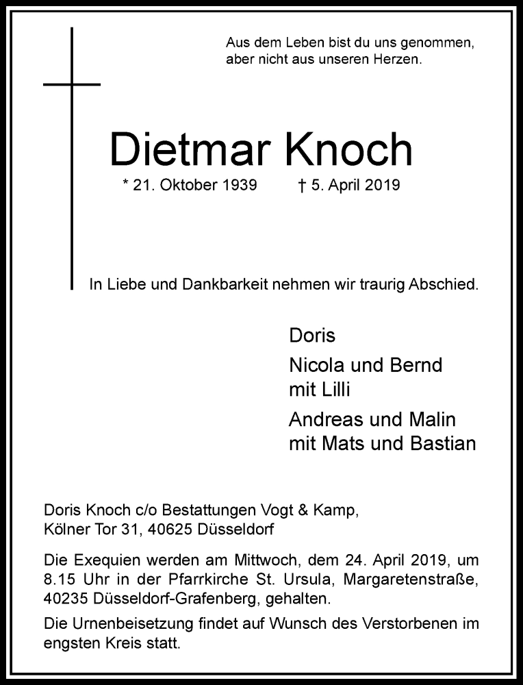  Traueranzeige für Dietmar Knoch vom 13.04.2019 aus Rheinische Post