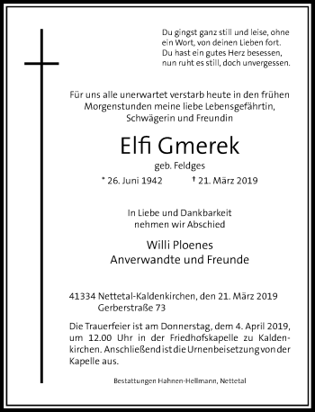 Traueranzeige von Elfi Gmerek von Rheinische Post