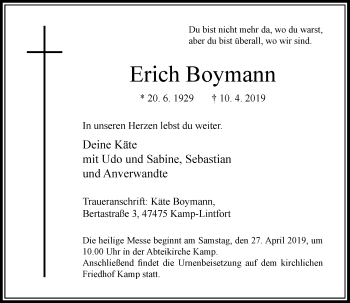 Traueranzeige von Erich Boymann von Rheinische Post