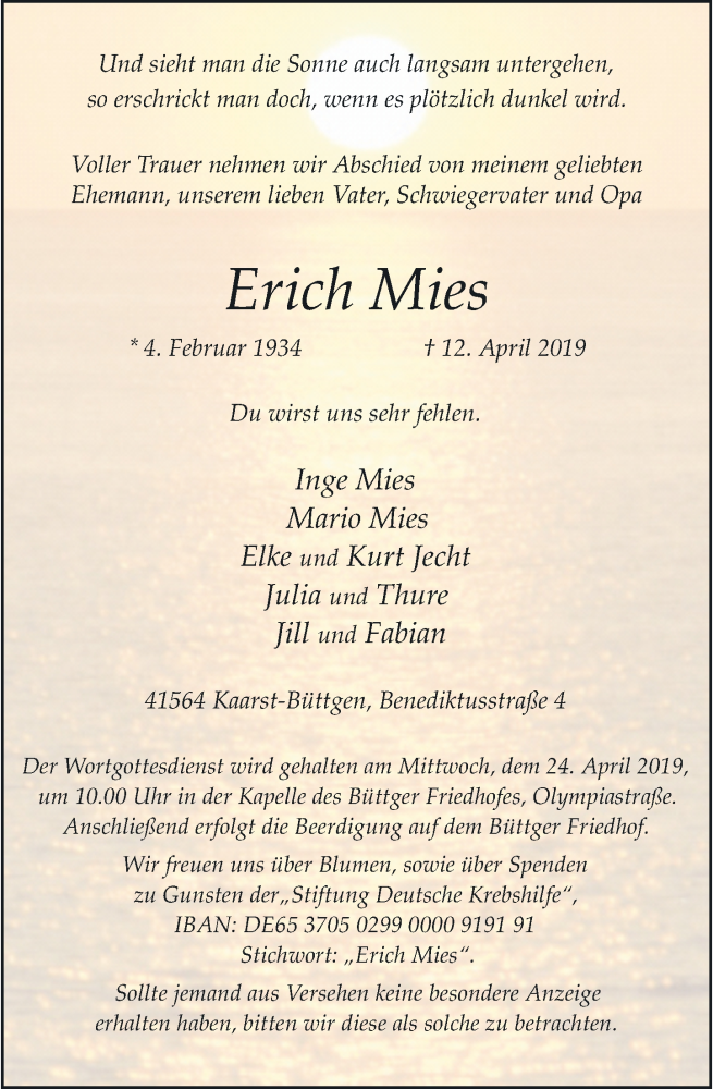  Traueranzeige für Erich Mies vom 17.04.2019 aus Rheinische Post