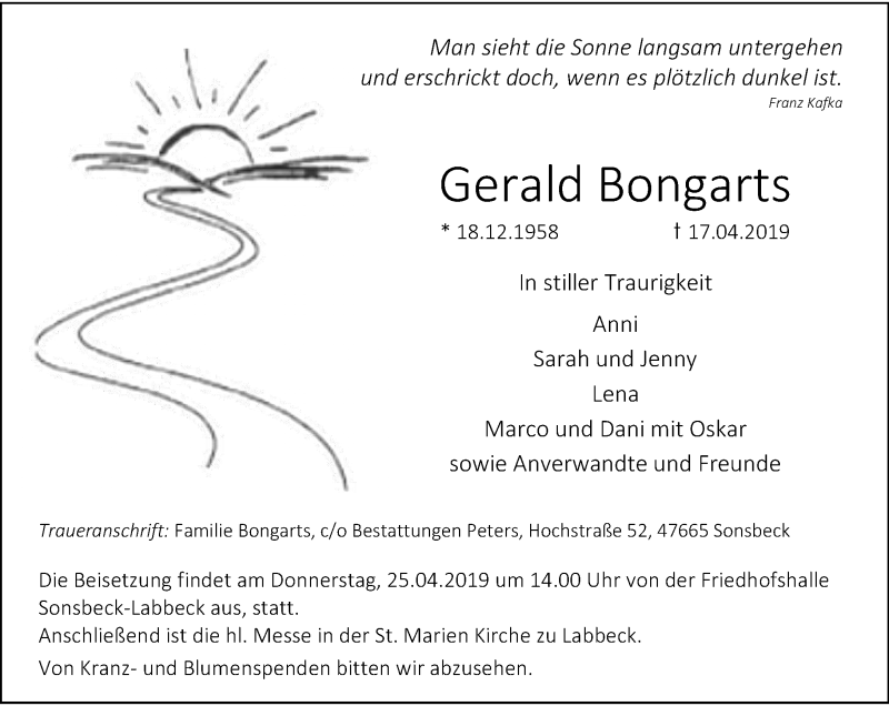  Traueranzeige für Gerald Bongarts vom 20.04.2019 aus Rheinische Post