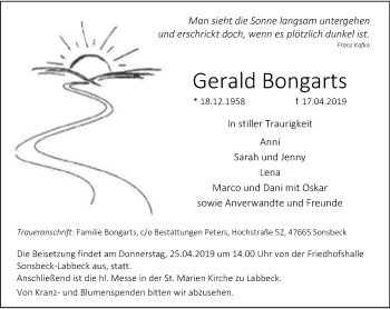 Traueranzeige von Gerald Bongarts von Rheinische Post