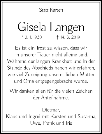 Todesanzeige von Gisela Langen von Rheinische Post