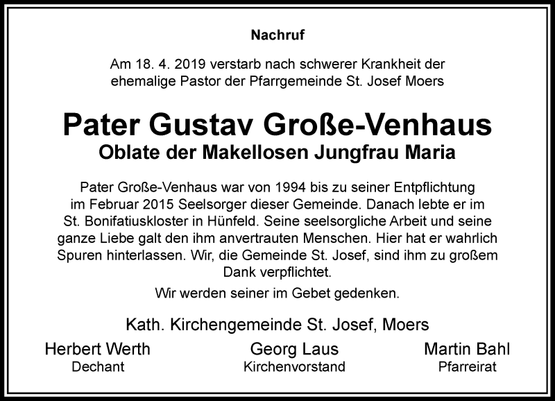  Traueranzeige für Gustav Große-Venhaus vom 27.04.2019 aus Rheinische Post