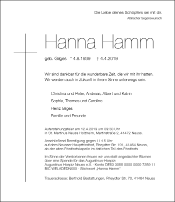 Traueranzeige von Hanna Hamm von Rheinische Post