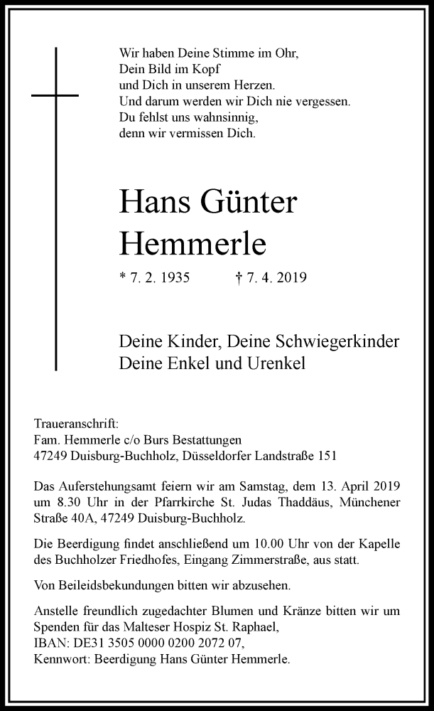  Traueranzeige für Hans Günter Hemmerle vom 09.04.2019 aus Rheinische Post