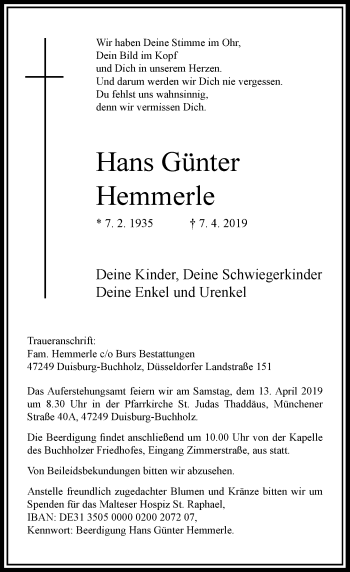 Traueranzeige von Hans Günter Hemmerle von Rheinische Post