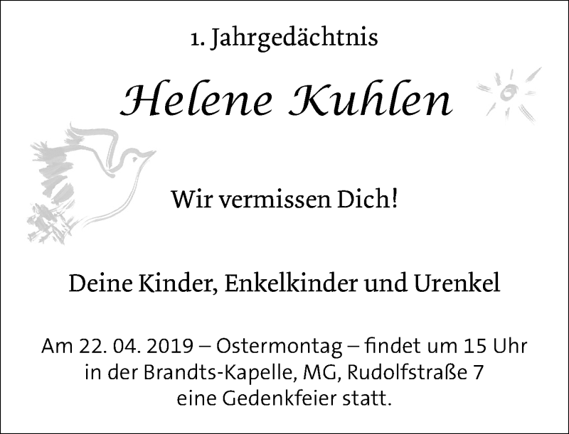 Traueranzeige für Helene Kuhlen vom 06.04.2019 aus Rheinische Post