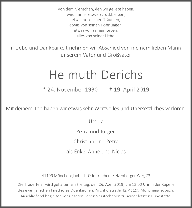  Traueranzeige für Helmuth Derichs vom 24.04.2019 aus Rheinische Post
