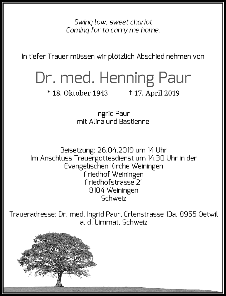  Traueranzeige für Henning Paur vom 20.04.2019 aus Rheinische Post